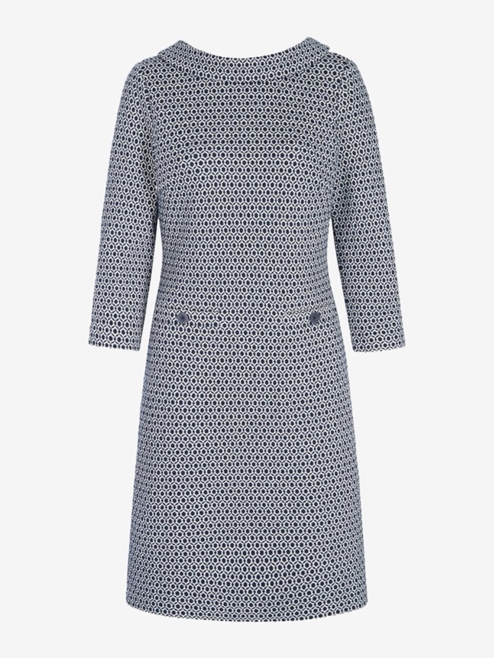 Boden Navy White Geometric Jacquard Shift Dress Size 2P Petite Jackie O Retro
